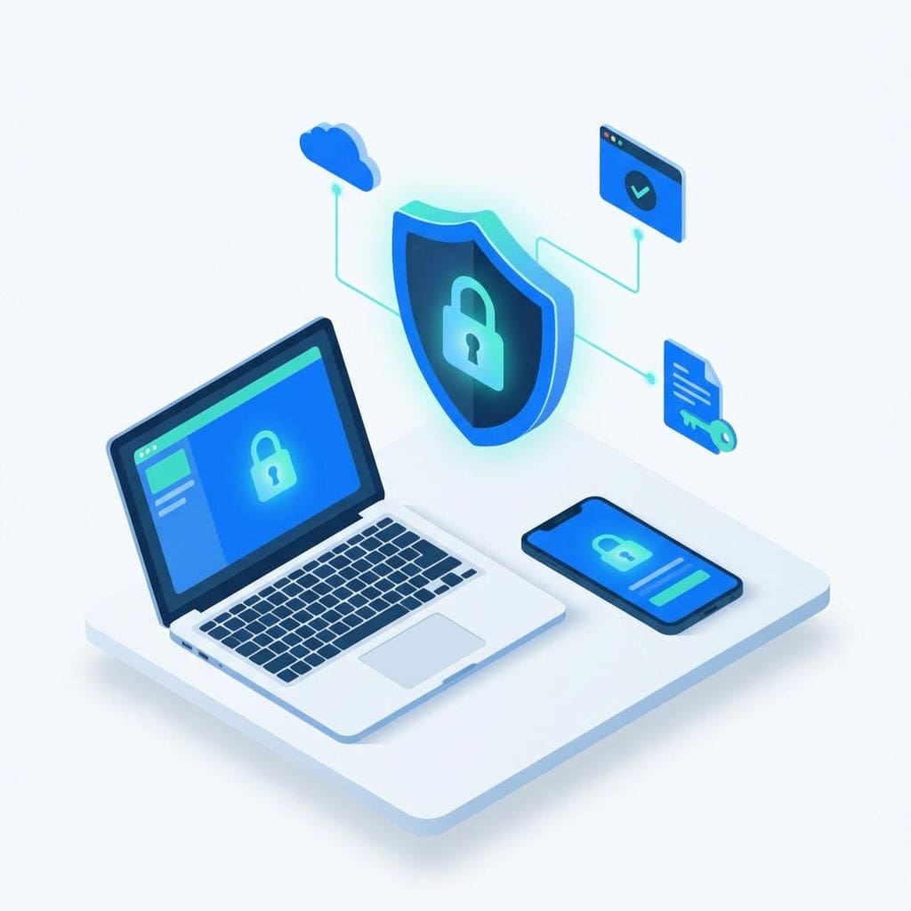 Illustration eines Passwortmanagers für Selbstständige mit Laptop, Smartphone und zentralem Schutzschild mit Schloss sowie Symbolen für Cloud, sicheres Login und verschlüsselte Dokumente.