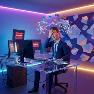 IT Probleme im Alltag. Das Bild zeigt einen verzweifelten Menschen als 3D-Figur mit vielen Fehlermeldungen.