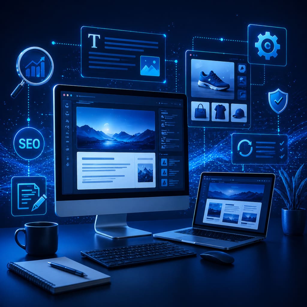 SEO optimierte Content Erstellung und Webseitenpflege mit digitalen Inhalten, Produktbildern und strukturierten Daten. Das Bild wurde durch KI generiert.