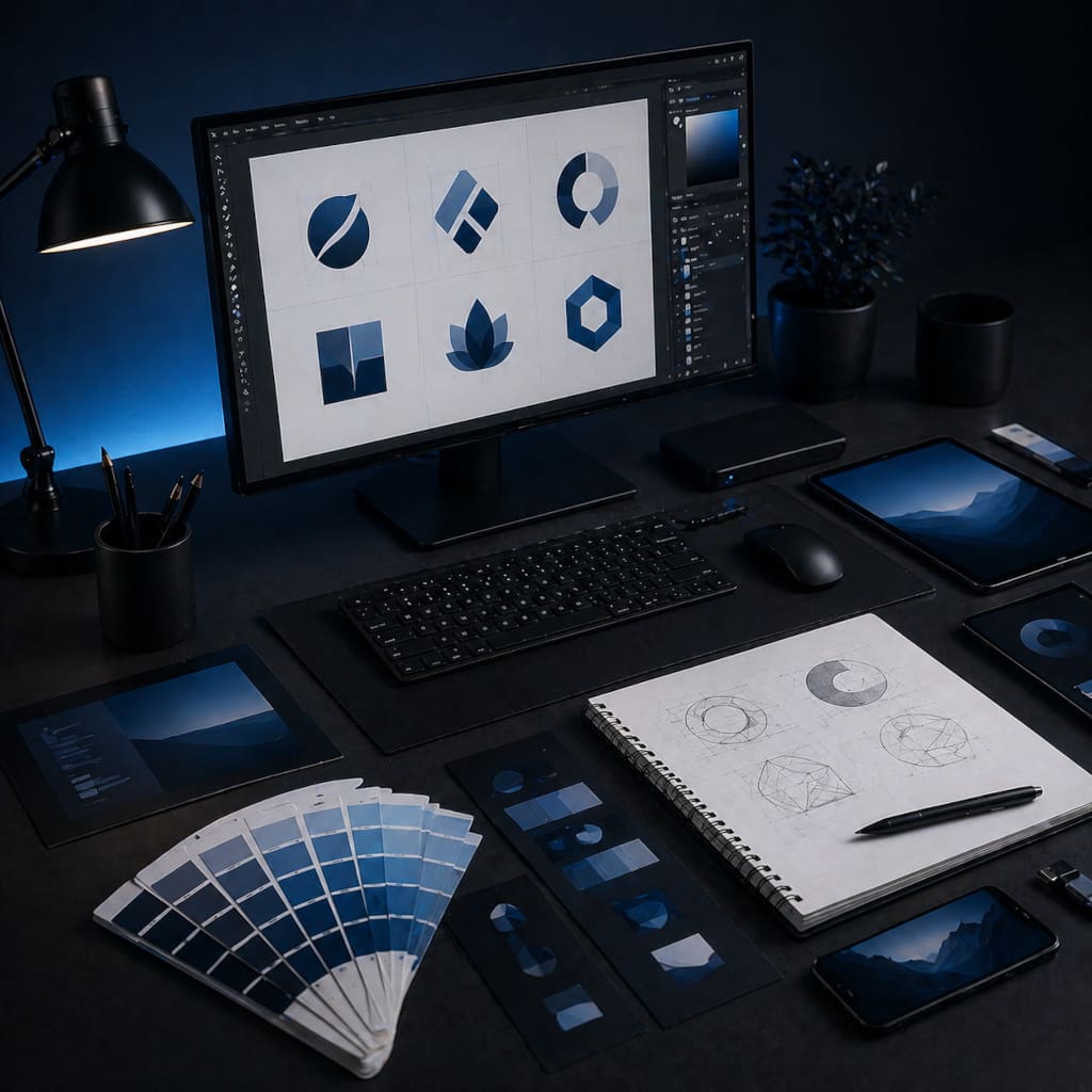 Entwicklung von Corporate Identity mit Farbkonzepten, Designsystemen und Markenstrategie. Das Bild wurde durch KI generiert.