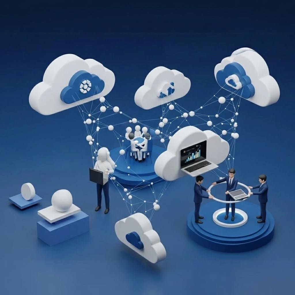 Cloud und Collaboration Lösungen für Unternehmen mit vernetztem Arbeiten, Datenaustausch und digitaler Zusammenarbeit in sicherer Umgebung. Das Bild wurde durch KI generiert.