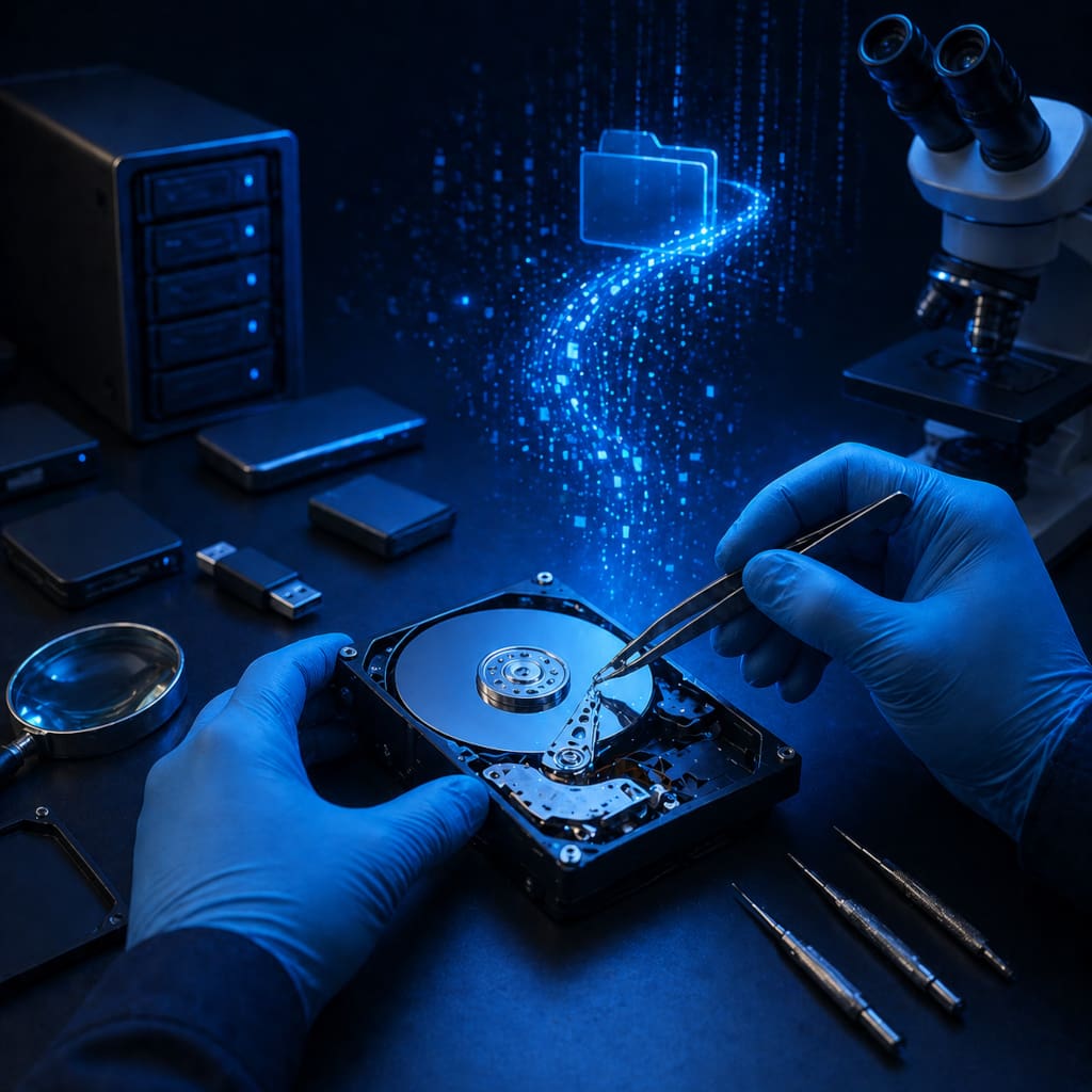 Professionelle Datenrettung von Festplatten und Speichermedien in einer technischen Laborumgebung. Das Bild wurde durch KI generiert.