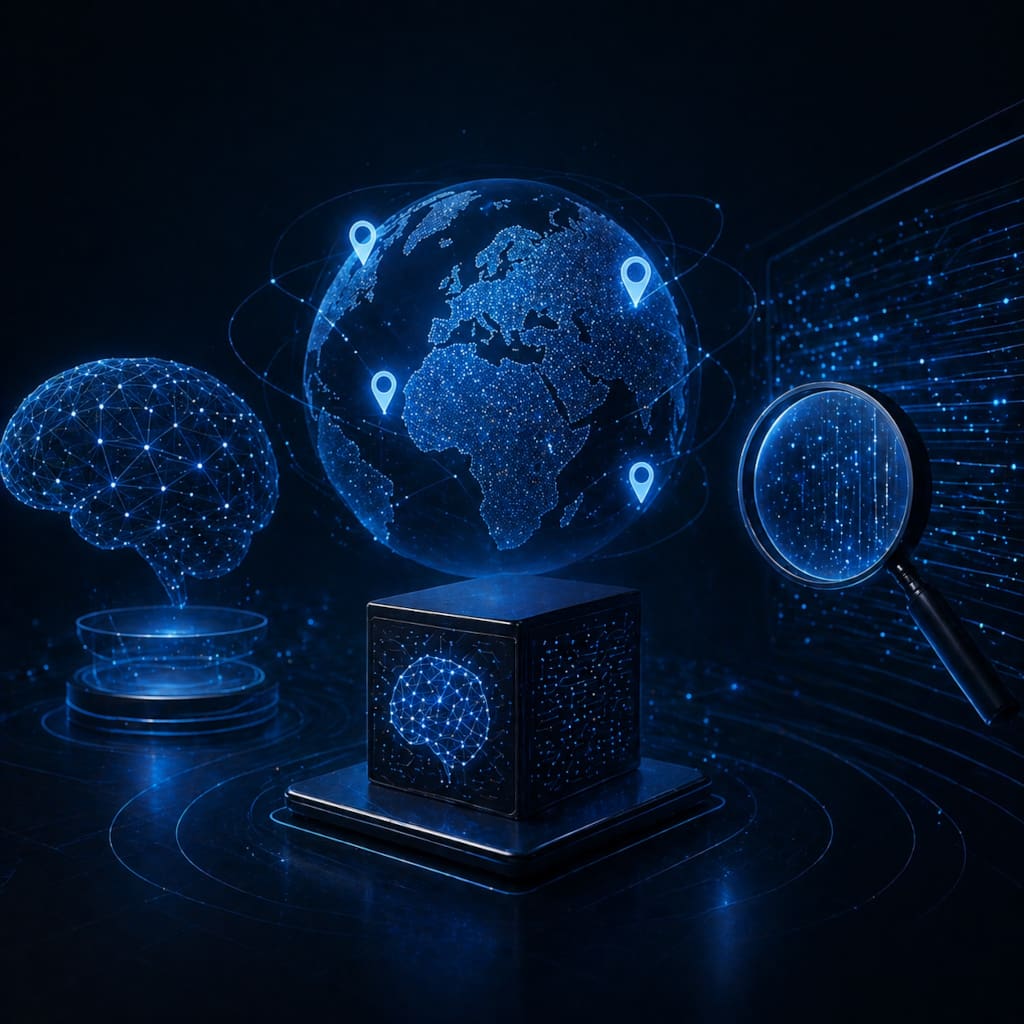 KI Suchoptimierung mit Large Language Models, globalen Datenströmen und digitaler Analyse. Das Bild wurde durch KI generiert.