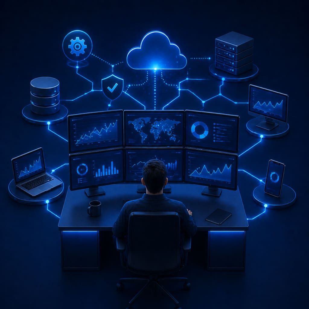 IT Monitoring mit Echtzeit Überwachung von Servern, Netzwerken und Systemleistung. Das Bild wurde durch KI generiert.