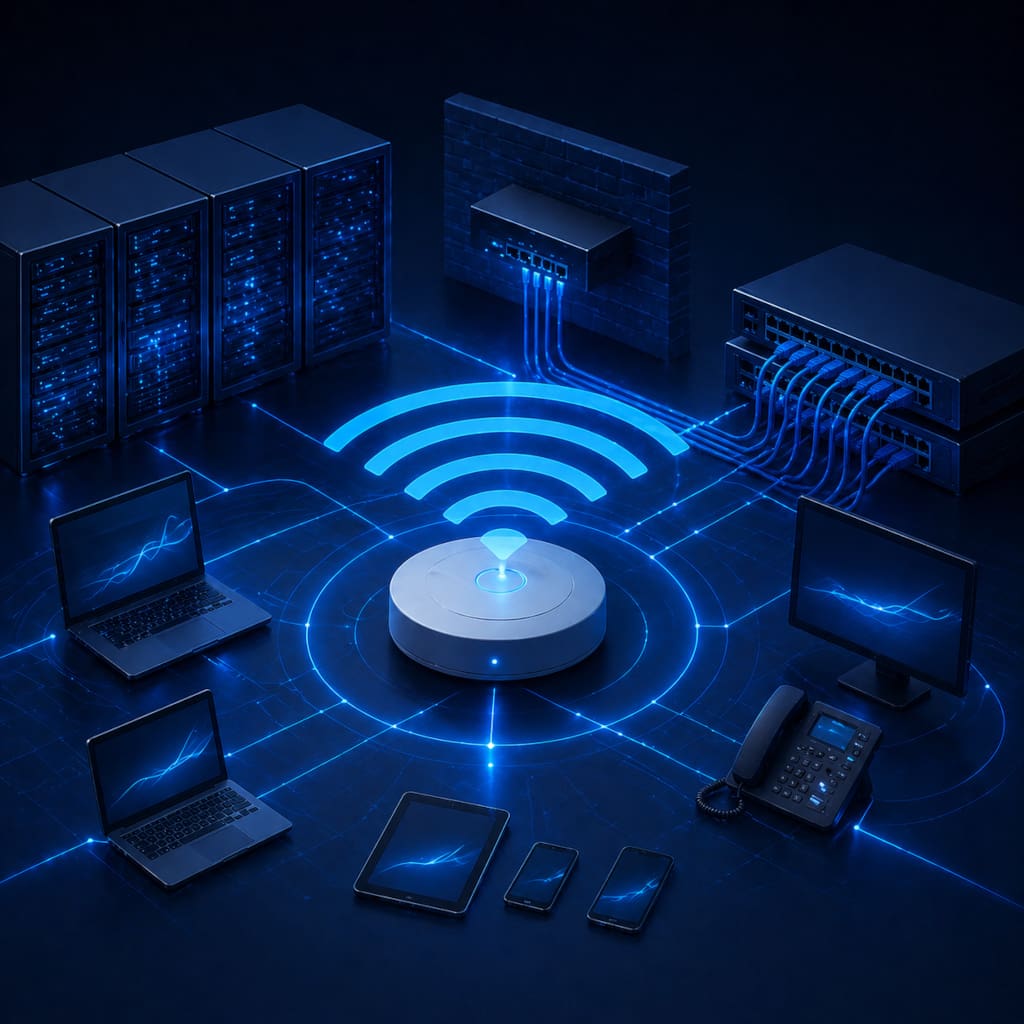 Moderne Netzwerkinfrastruktur mit WLAN, Servern und verbundenen Geräten in digitaler Umgebung. Das Bild wurde durch KI generiert.