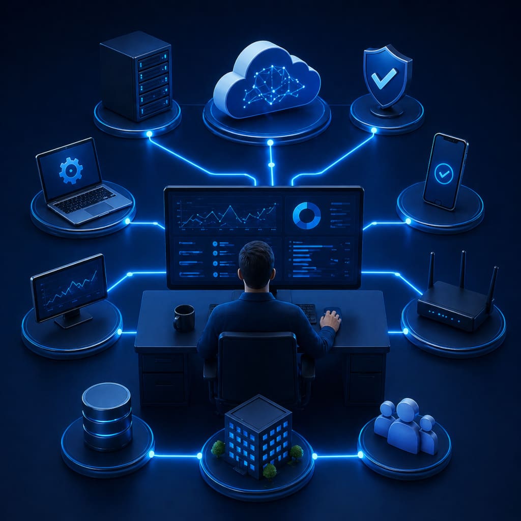 Managed IT Services mit zentraler Überwachung, Wartung und automatisierter Systemverwaltung. Das Bild wurde durch KI generiert.