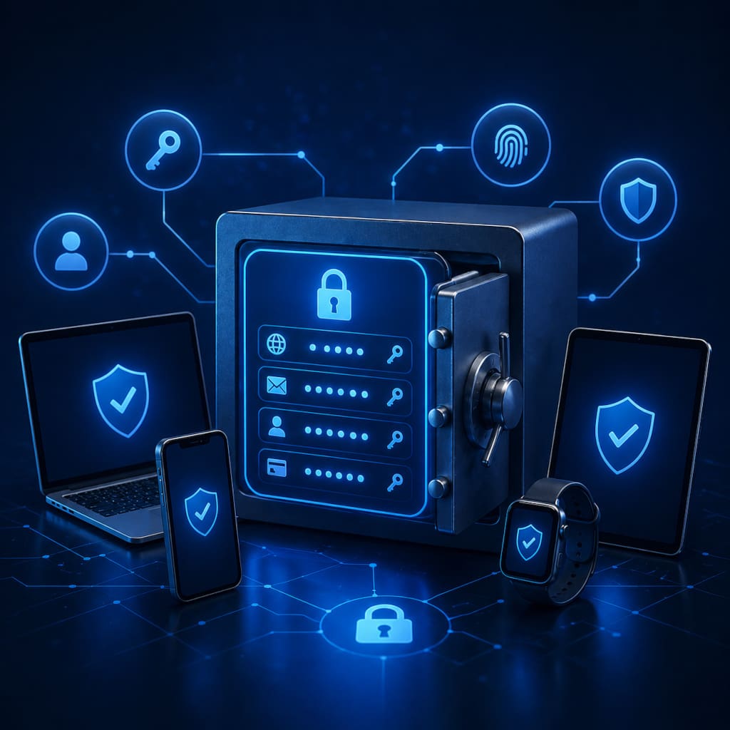 Sicherer Passwortmanager mit verschlüsselter Datenspeicherung und Zugriffsschutz für digitale Accounts. Das Bild wurde durch KI generiert.