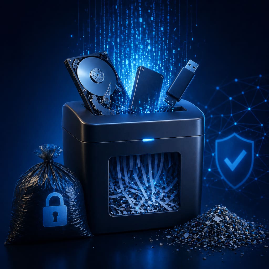 Sichere Datenvernichtung von Festplatten und Speichermedien mit vollständiger Löschung sensibler Daten. Das Bild wurde durch KI generiert