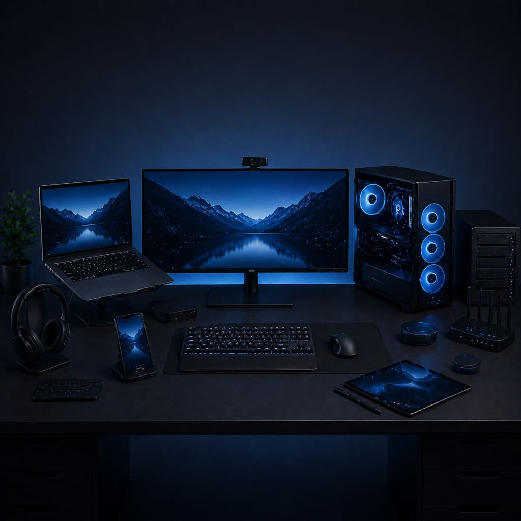 Professionelles IT Setup für Unternehmen mit modernen Arbeitsplätzen und effizienter Technik. Das Bild wurde durch KI generiert.