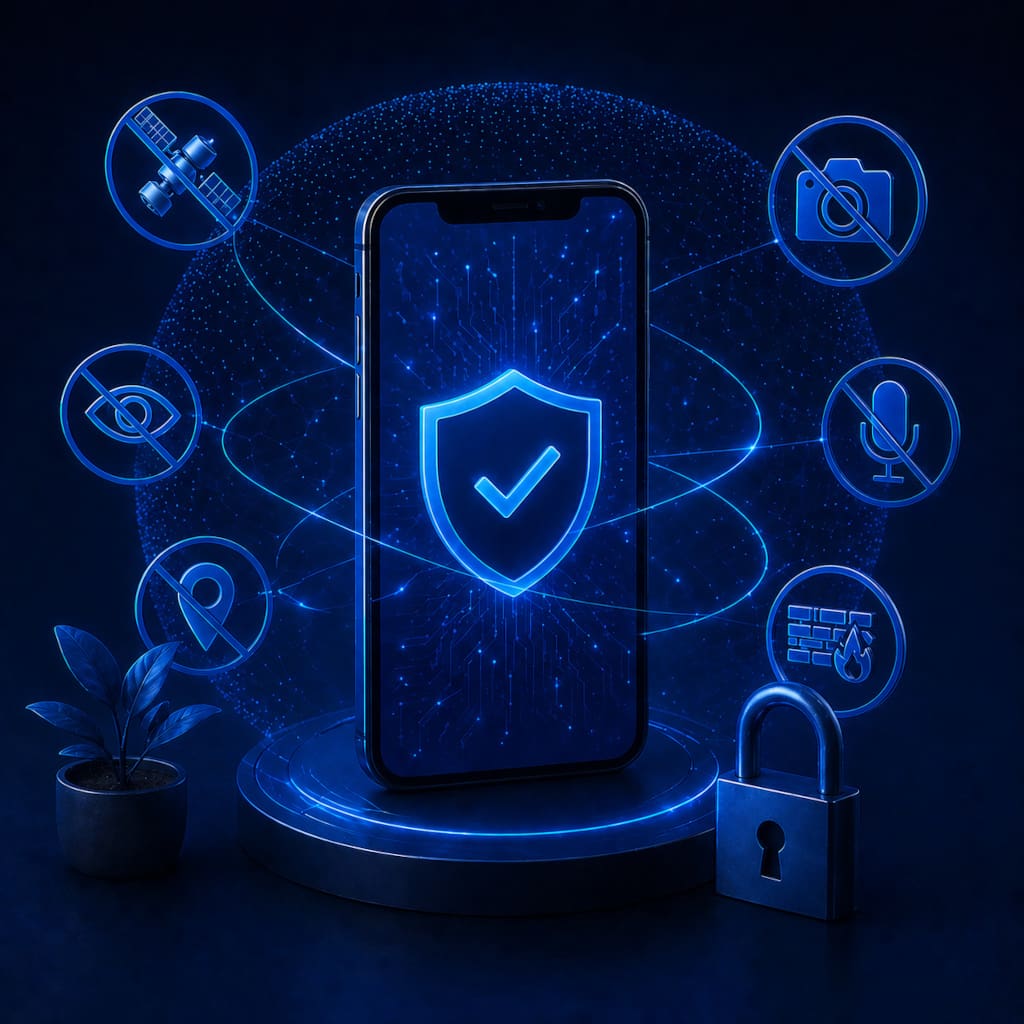 Datenschutzfreundliches Smartphone ohne Tracking mit Fokus auf Sicherheit und Privatsphäre. Das Bild wurde durch KI generiert.
