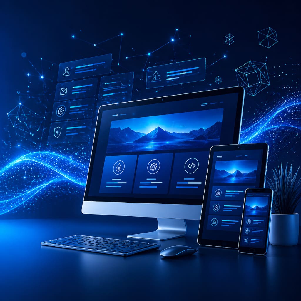 Modernes Webdesign und professionelle Webseitenentwicklung mit responsiven Layouts und digitalen Benutzeroberflächen in blauen Farbtönen. Das Bild wurde durch KI generiert.