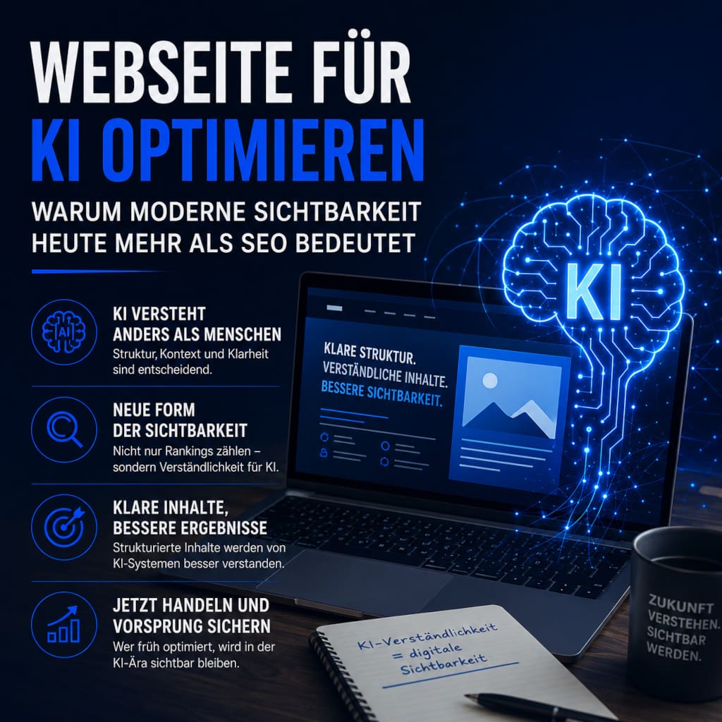 Moderne Illustration zum Thema „Webseite für KI optimieren“ mit Laptop, leuchtender KI-Grafik und digitaler Netzwerkstruktur in Blau. Das Bild symbolisiert digitale Sichtbarkeit, KI-Verständlichkeit und moderne SEO für Webseiten. KI Optimierung für Webseiten beginnt jetzt.