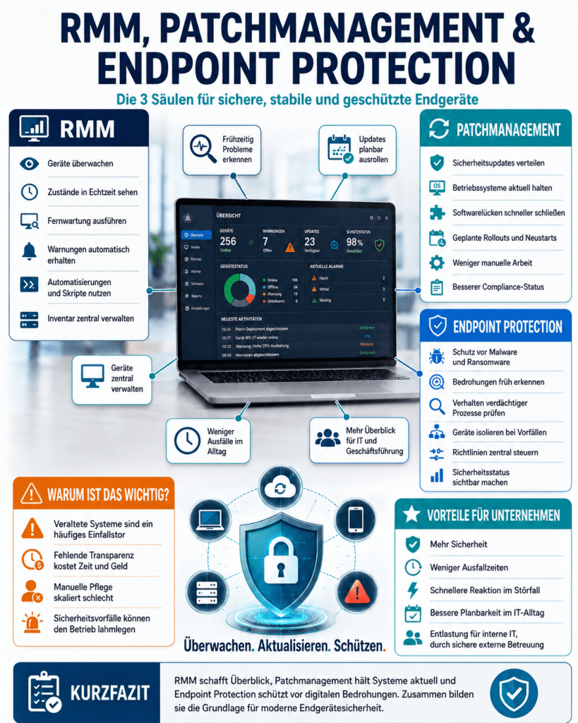 Infografik zu proaktivem IT-Support mit den drei Säulen RMM Monitoring, Patch Management und Endpoint Protection für stabile und sichere IT-Systeme. Die GRafik wurde mit KI erzeugt.